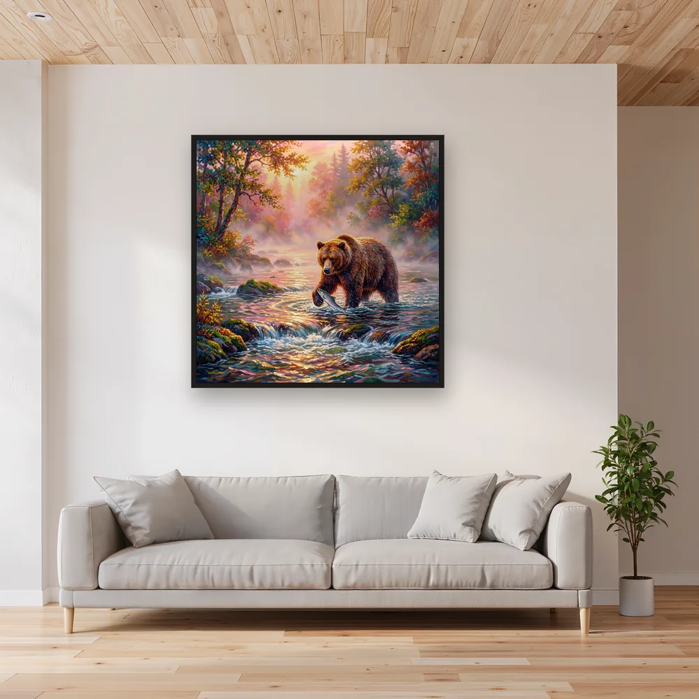 Bear Fishing in Misty Sunrise River – Living room