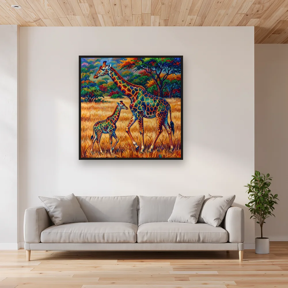 Giraffenmutter und Jungtier im goldenen Gras – Wohnzimmer