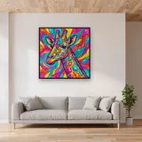 Pop-Art-Giraffe mit geometrischem Patchwork – im Wohnzimmer