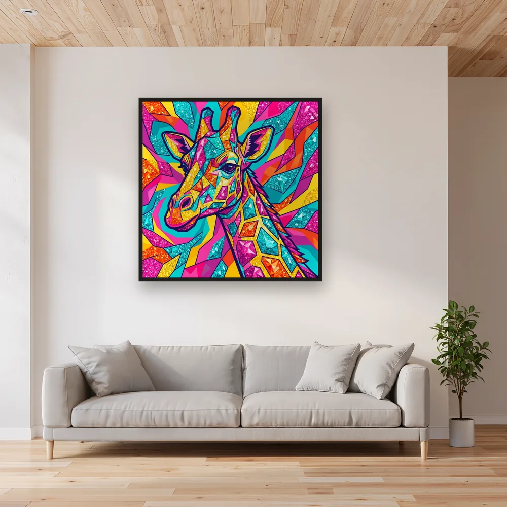 Pop-Art-Giraffe mit geometrischem Patchwork – Wohnzimmer