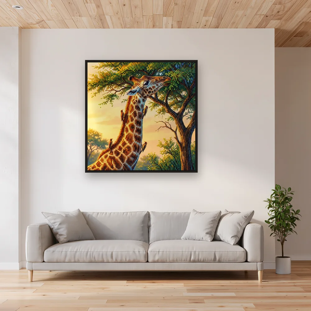 Giraffe mit Madenhackern im Morgenlicht – Wohnzimmer