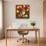 Lapin parmi les tulipes rouges et jaunes – Bureau