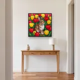 Lapin parmi les tulipes rouges et jaunes – Entrée