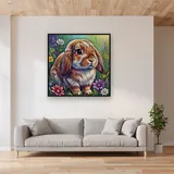 Lapin bélier aux fleurs sauvages – mis en situation dans un salon