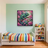 Caméléon sur branche de fleurs roses – Enfant