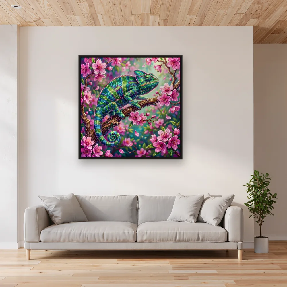 Caméléon sur branche de fleurs roses – Salon