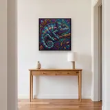 Caméléon mosaïque turquoise, violet et or – Entrée