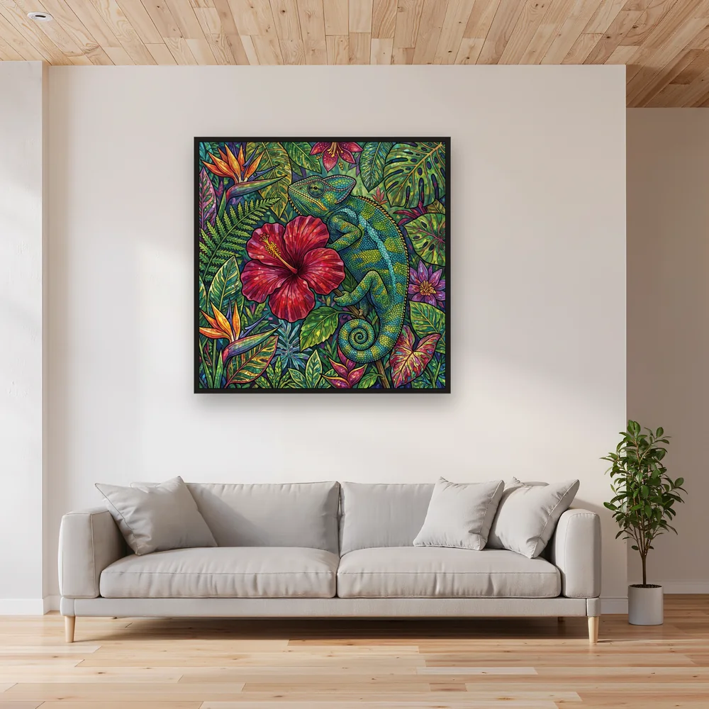 Caméléon sur hibiscus rouge tropical – Salon