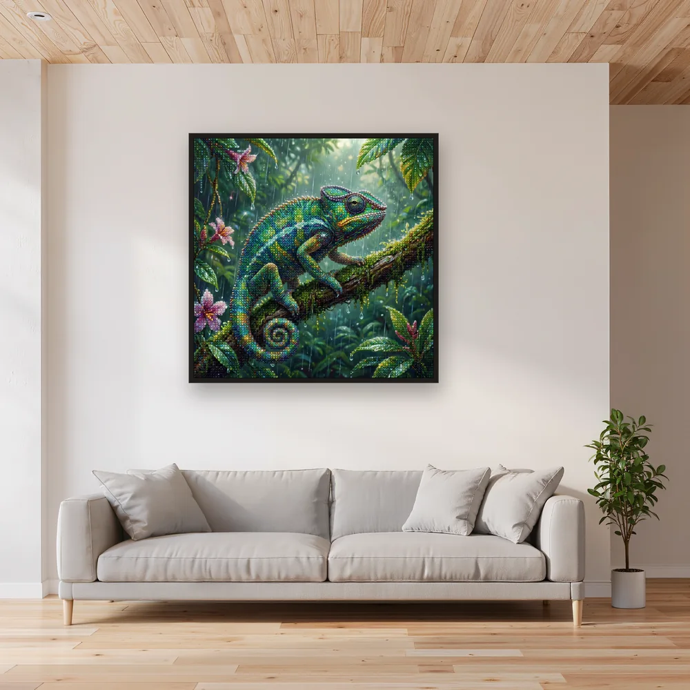 Caméléon sous la pluie en forêt tropicale – Salon