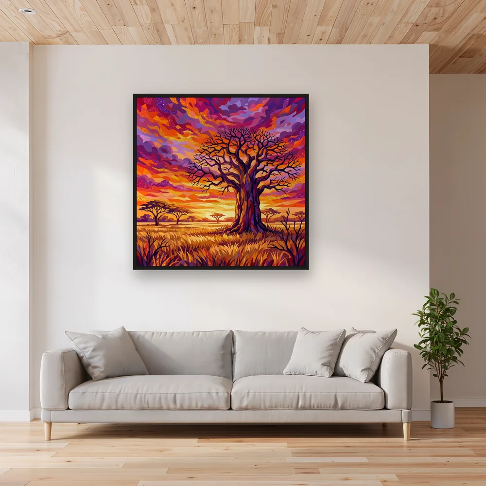 Einsamer Baobab bei Sonnenuntergang in der Savanne – Wohnzimmer