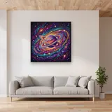 Ringed Planet in Colorful Spiral Galaxy – displayed in a living room