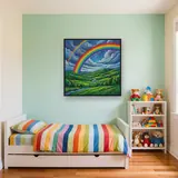 Double arc-en-ciel sur collines vertes – Enfant