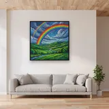 Double arc-en-ciel sur collines vertes – mis en situation dans un salon
