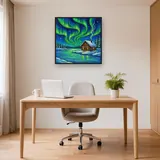 Green Aurora over Snowy Log Cabin – Office
