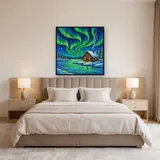 Green Aurora over Snowy Log Cabin – Bedroom