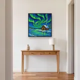 Green Aurora over Snowy Log Cabin – Hallway