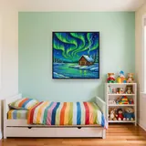 Green Aurora over Snowy Log Cabin – Kids room