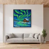 Green Aurora over Snowy Log Cabin – displayed in a living room