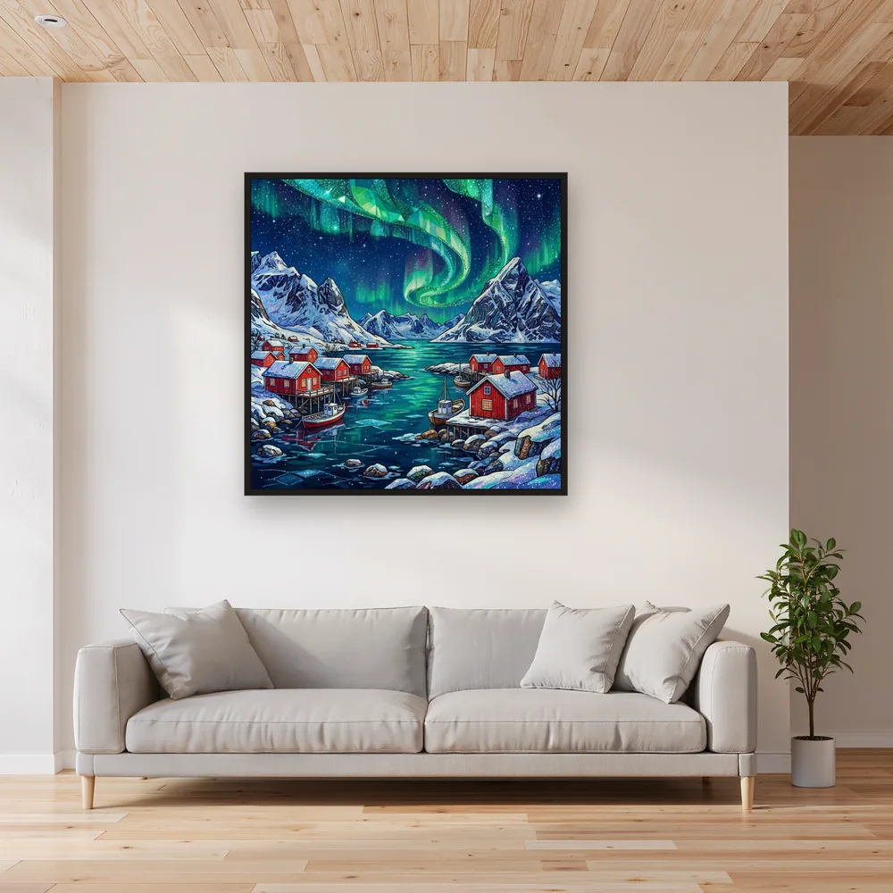 Village de pêcheurs norvégien et aurore verte – Salon