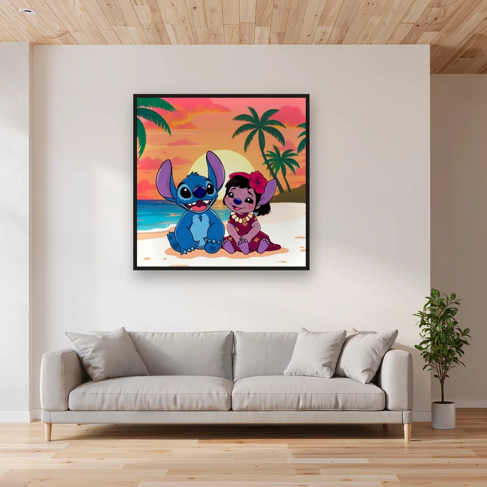 Stitch and Lilo Grinning Beneath Golden Sun – Living room