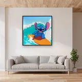 Stitch on an Orange Surfboard – displayed in a living room