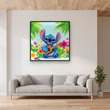 Stitch Playing Ukulele Among Tropical Flowers – displayed in a living room