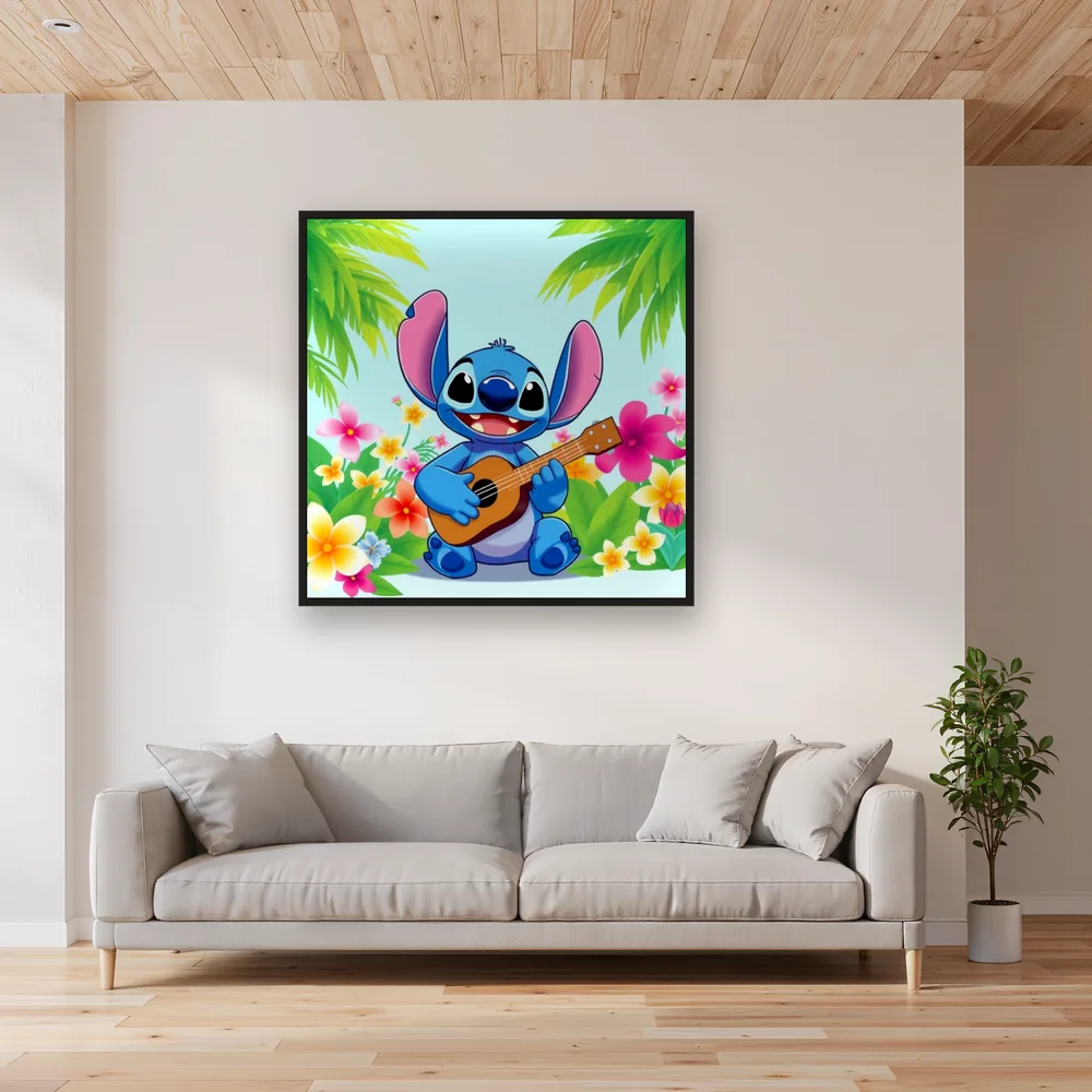 Stitch Playing Ukulele Among Tropical Flowers – Living room