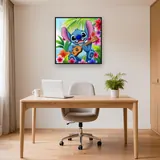 Grinning Stitch Seated Among Plumeria Blooms – Office