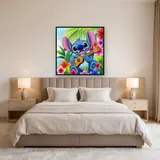 Grinning Stitch Seated Among Plumeria Blooms – Bedroom