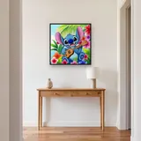 Grinning Stitch Seated Among Plumeria Blooms – Hallway