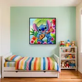 Grinning Stitch Seated Among Plumeria Blooms – Kids room