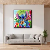 Grinning Stitch Seated Among Plumeria Blooms – displayed in a living room