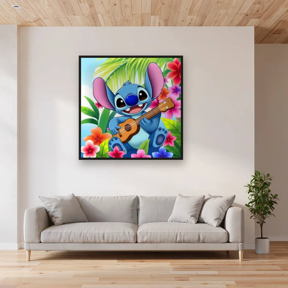 Grinning Stitch Seated Among Plumeria Blooms – Living room