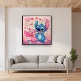 Stitch and Angel Seated Under Falling Hearts – displayed in a living room