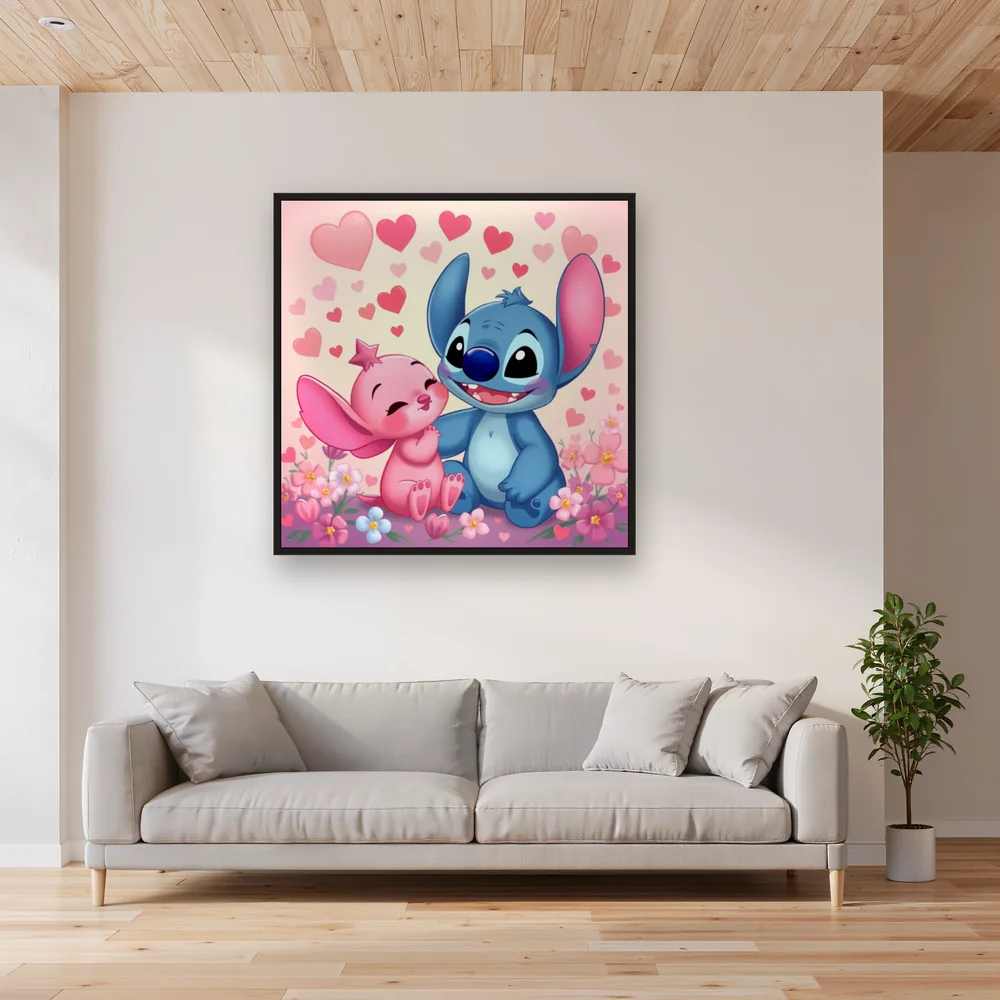 Stitch and Angel Seated Under Falling Hearts – Living room