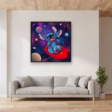 Stitch Grinning Among Colorful Planets – displayed in a living room