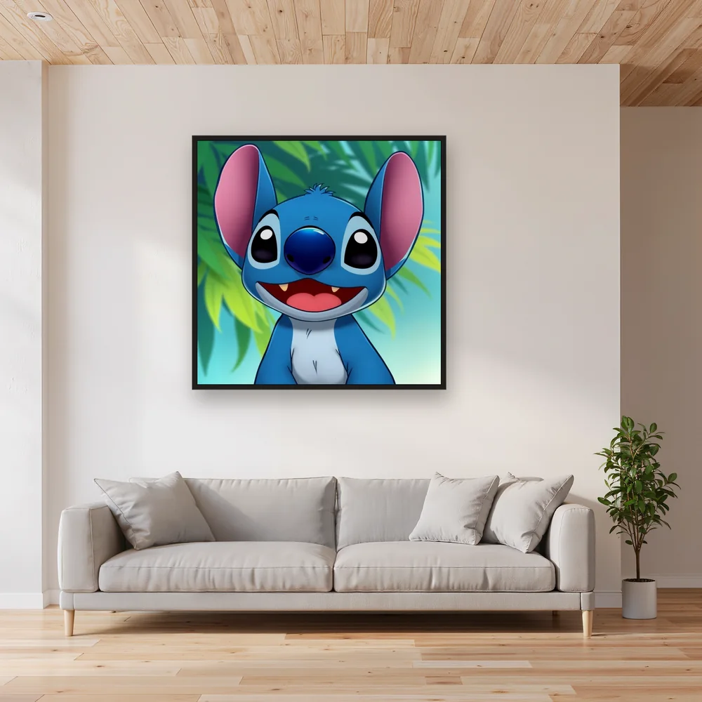 Smiling Stitch Portrait with Tropical Leaves – Living room