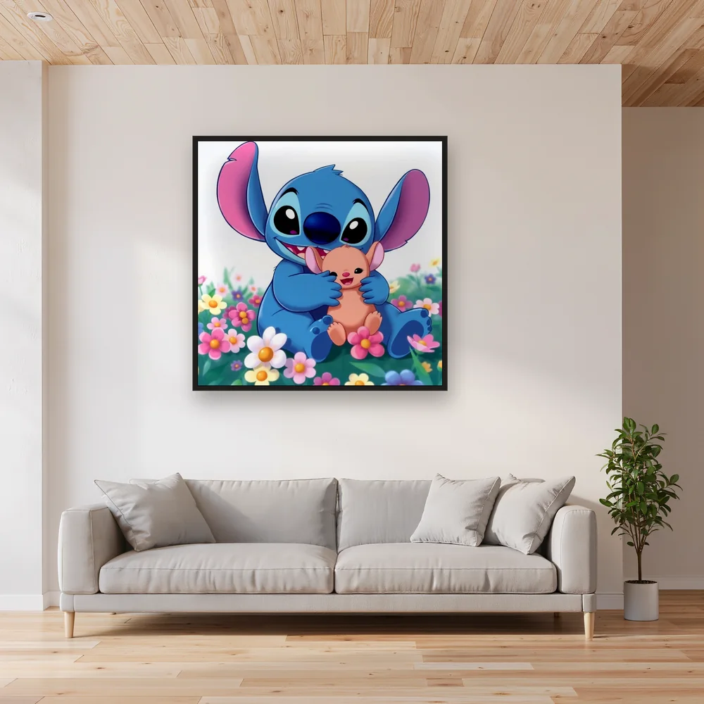 Stitch Hugging Scrump in a Flower Field – Living room