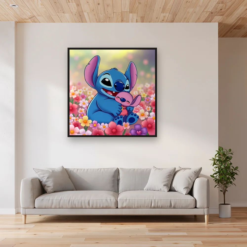 Stitch Cradling Sleepy Scrump in Soft Bokeh – Living room