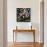 Renard sur branche moussée et lucioles – Entrée