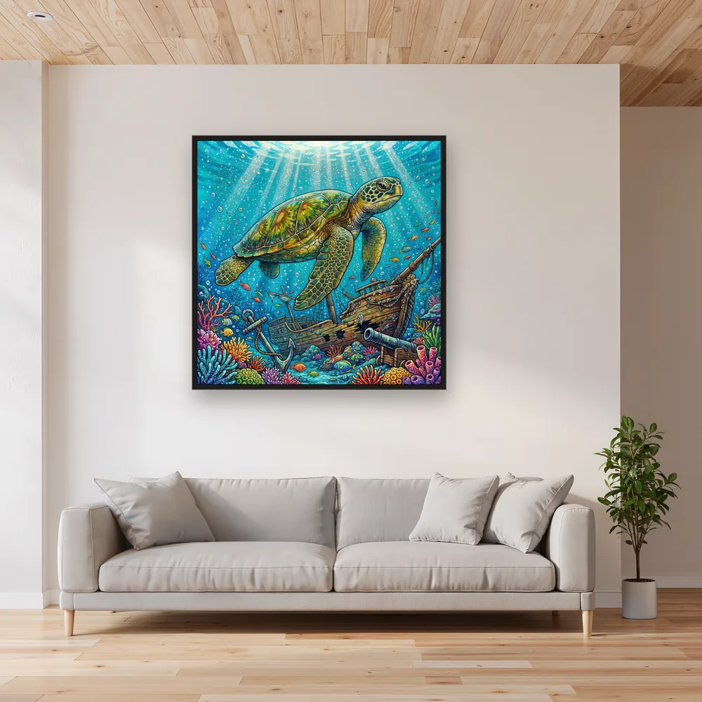 Tortue près d'une épave turquoise – Salon