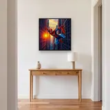 Red-and-Blue Hero Swinging at Sunset – Hallway
