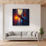 Red-and-Blue Hero Swinging at Sunset – displayed in a living room