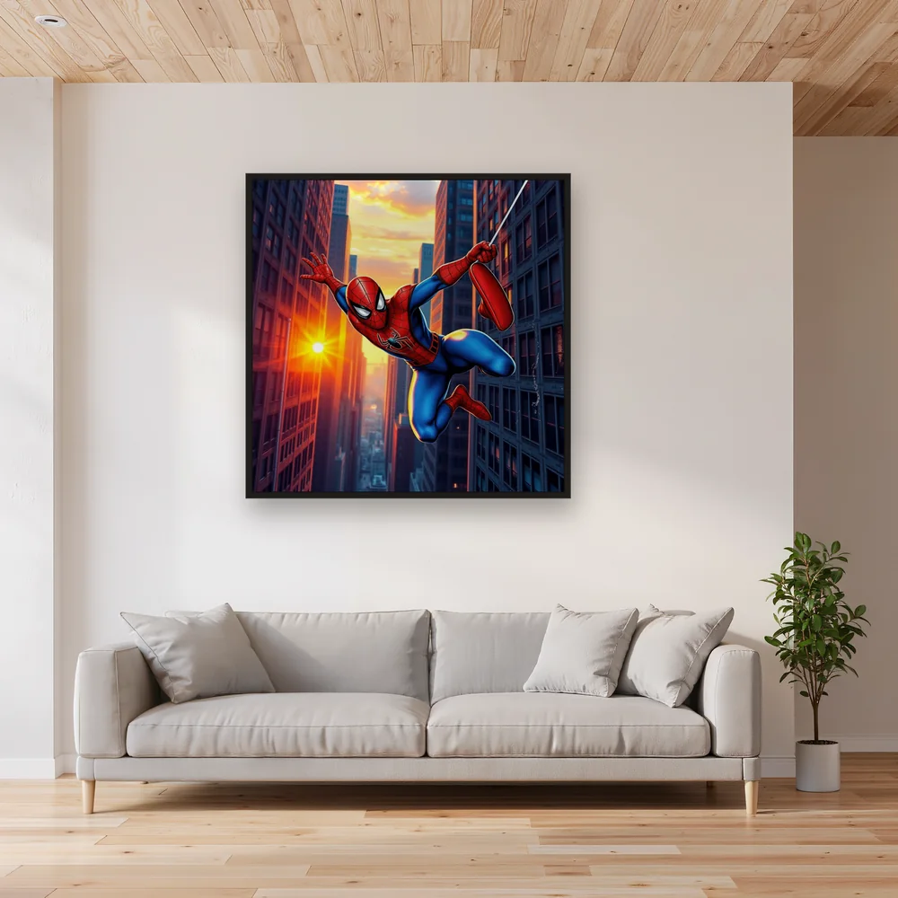 Red-and-Blue Hero Swinging at Sunset – Living room