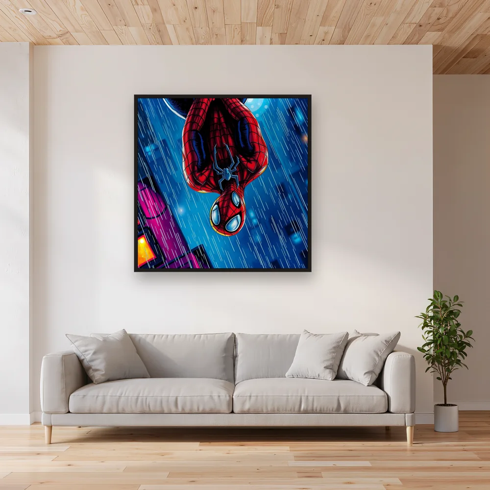 Upside-Down Web Hero in the Rain – Living room