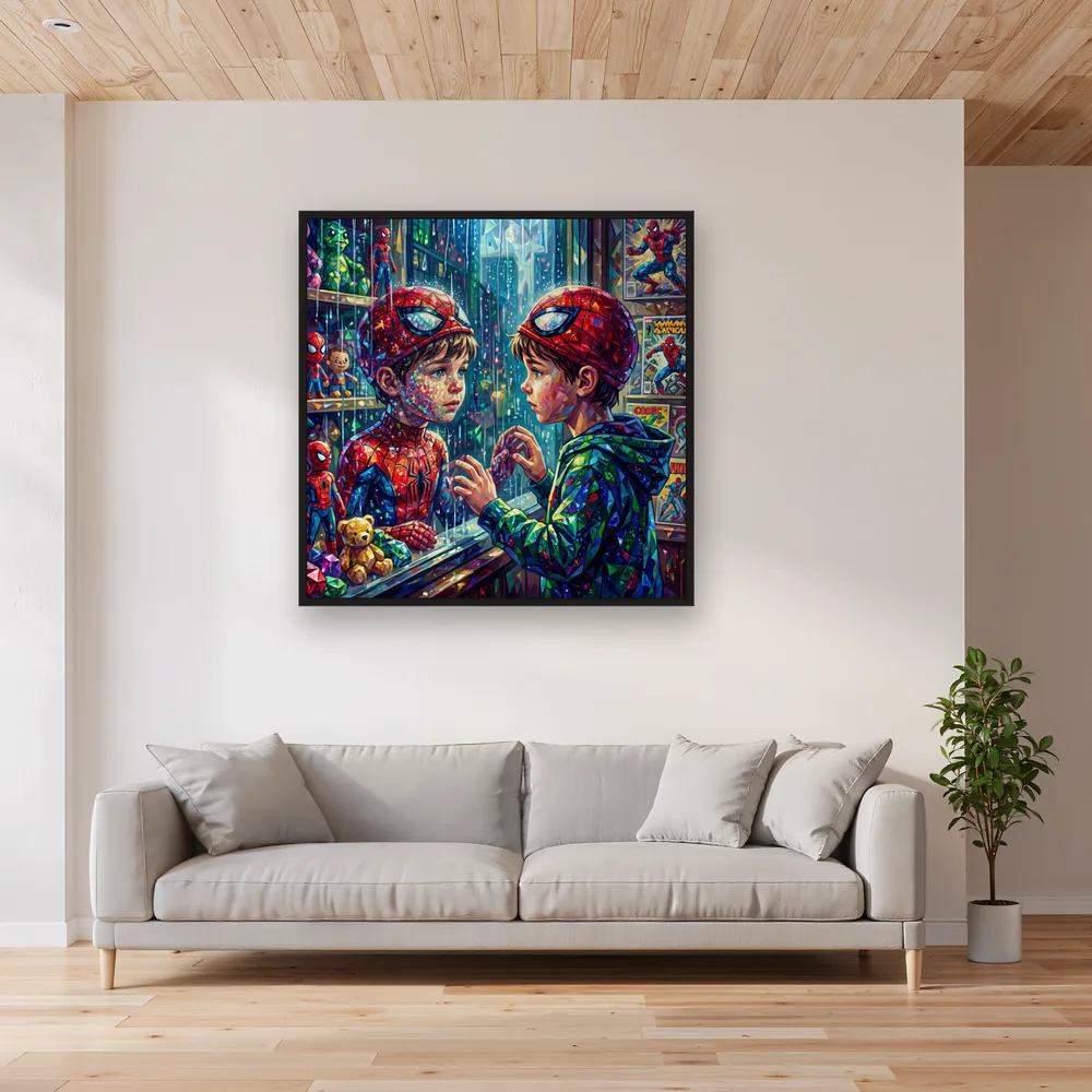 Boy in Spider Mask at Window – Living room