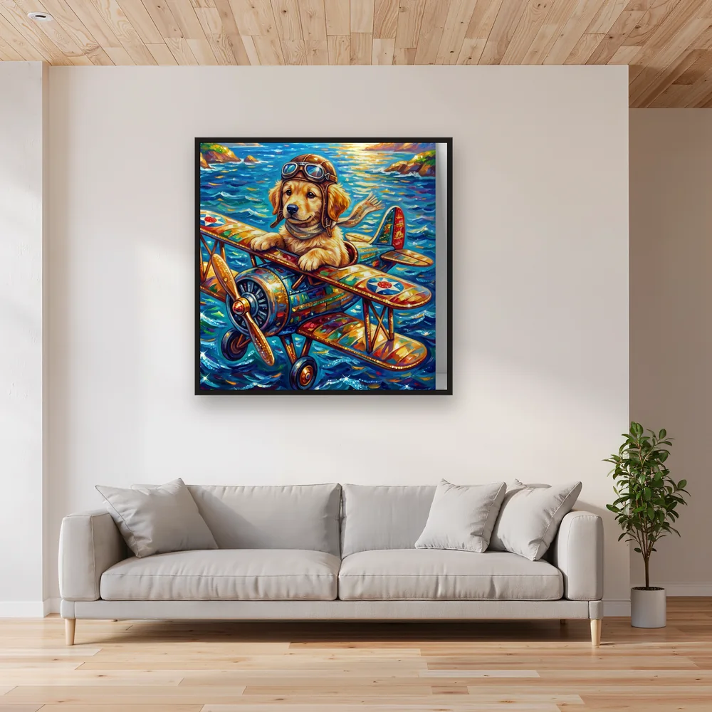 Golden Aviator Pup Over Ocean – Living room
