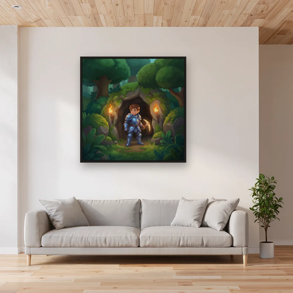 Blue-Armored Adventurer at Torchlit Cave – Living room