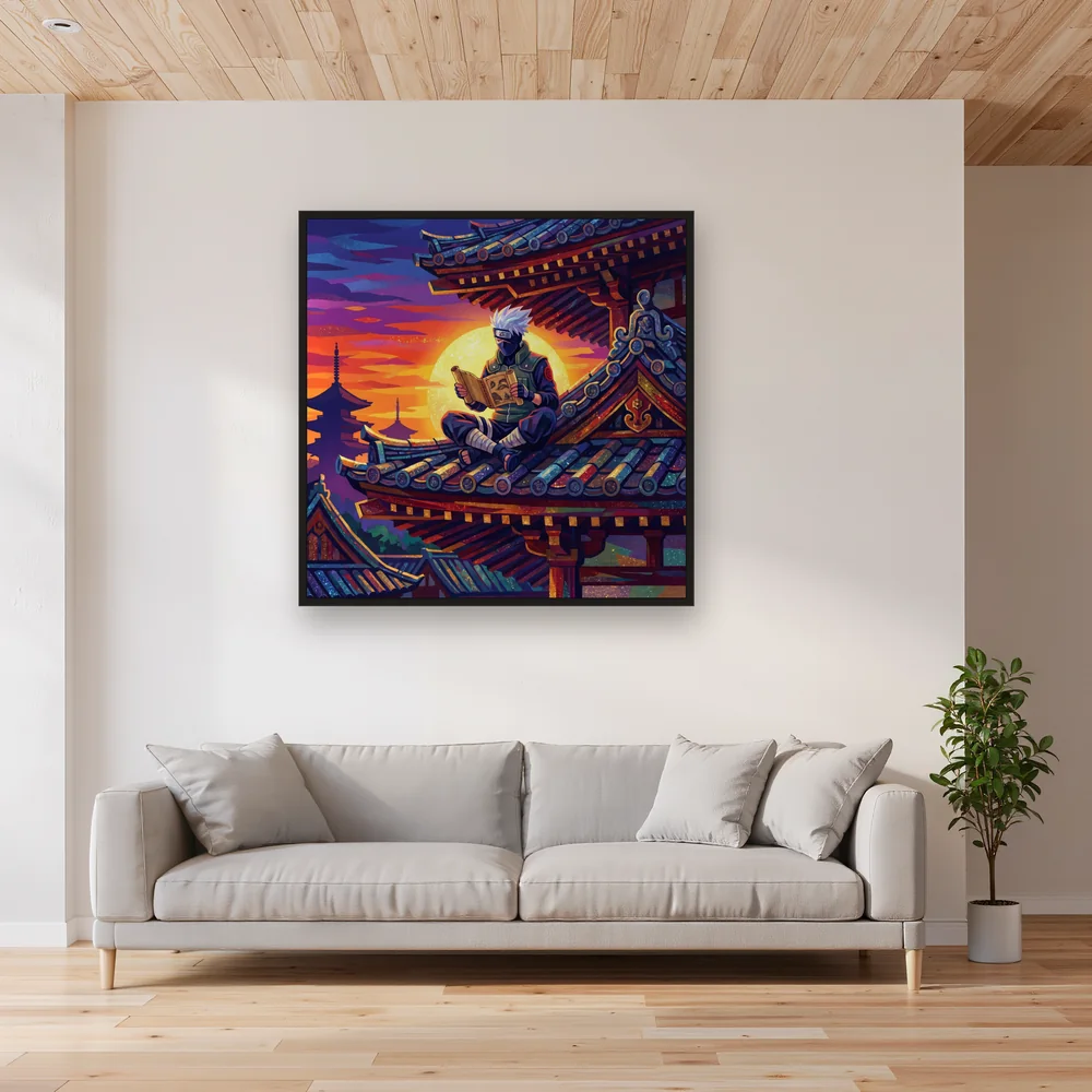 Masked Silver-Haired Ninja Reading at Sunset – Living room