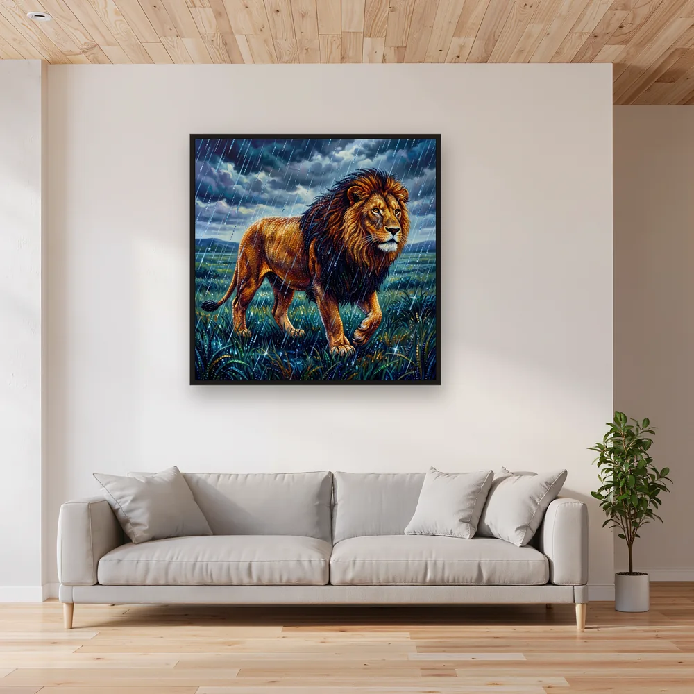 Majestic Lion Walking in Rain – Living room